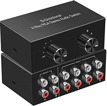 Dingsun ljudbrytare, RCA stereoljudsbrytare, Plug & Play kompatibel med TV, Blu Ray-spelare, DVD-spelare, CD, förstärkare, högtalare (RCA ljudomkopplare 2 i 4 ut)