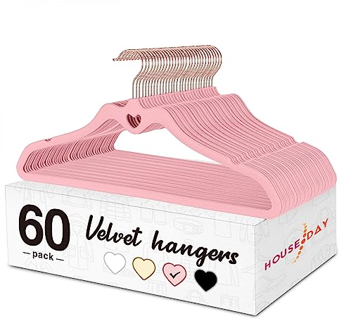 HOUSE DAY Samt-Kleiderbügel, rutschfest, beflockt, robust, niedliches Herz, strapazierfähig, ultradünn, rosa, für Schrank, platzsparend, 60 Stück