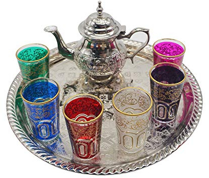 Juego de té marroquí completo 6 vasos más tetera para dos personas con bandeja 28 cm