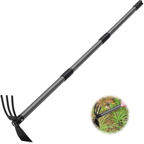 DAKEPOLE Cultivador de jardín y azada doble ajustable 2 en 1 de acero de 45 pulgadas, ideal para deshierbar, cavar, sembrar, aflojar el suelo, cultivar verduras y flores