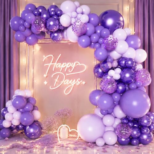 Purple Balloon Arch Kit - 110pcs Purple Balloon Arch with Pastel Dark Lilac Balloons Lilac Metallic Confetti Balloons for Women Girl Birthday Engagement Wedding Valentines Anniversary Thanksgiving Day