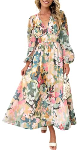 Maxigerui Women's Long Sleeve Floral Maxi Dress 2026 Spring Summer Wedding Guest Dress Green Floral S