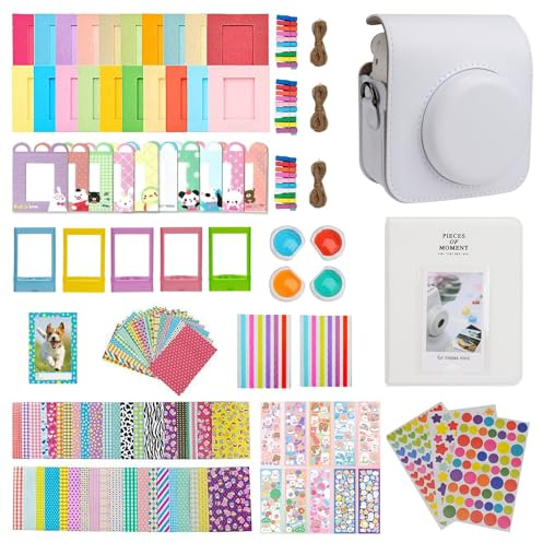 Meetikar Instax Mini 12 Étui pour appareil photo Instax Mini 12 avec 64 poches pour album photo et filtre couleur/cadre décoratif mural/autocollant d'angle, Blanc, Playful