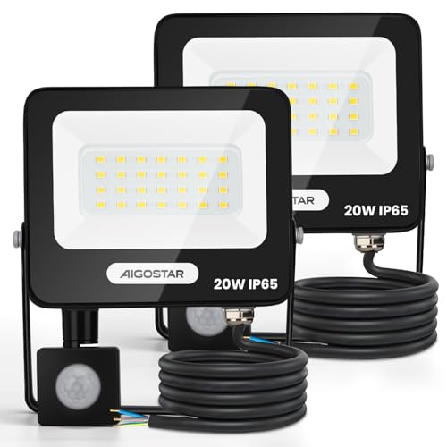 Aigostar 20W Faretto LED da Esterno con Sensore di Movimento，2 pezzi，1650 LM，Bianco Naturale 4000K，IP65 Impermeabile Faretti Led per Interno，Giardino， Cortile，Patio，Garage