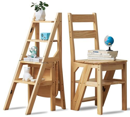 FGNIXLN Escalera Plegable,Escalera 4 peldaños, Plegable, 2 en 1 Escalera y Silla, Plegable Escalera de Madera,Carga hasta 180 kg, Adecuada para Cocina, hogar, bibliotecas y Otros
