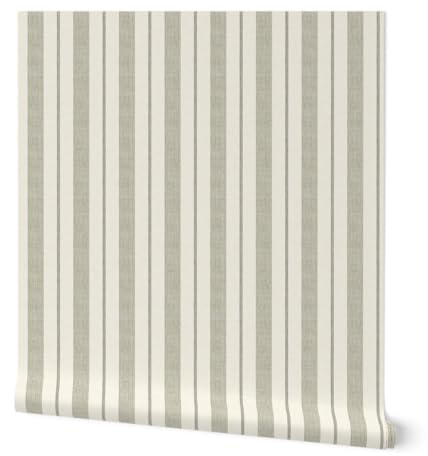 Spoonflower Peel & Stick Wallpaper Swatch - Ticking Stripes Classic Striped Vertical Farmhouse Transitional Neutral Cream Green Custom Removable Wallpaper