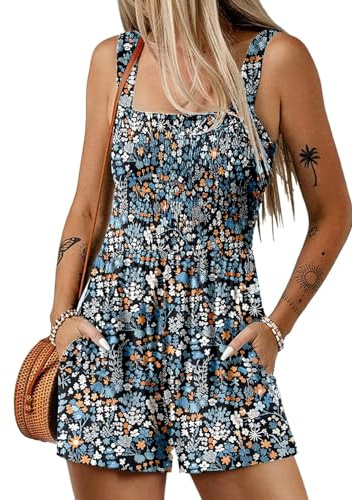 QUNERY Combinaison Femme Ete Combishort Encolure Carrée sans Manches Courte Boheme Motif à Fleurs Jumpsuit avec Poche