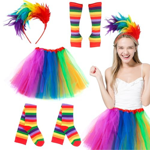 Gxhong Disfraz de Arco Iris, Traje Carnaval Señoras con la Diadema de Plumas de Colores Falda de tul Calcetines Hasta la Rodilla Mitones, para Arco iris con Temas de Juego de rol Fiesta de Carnaval