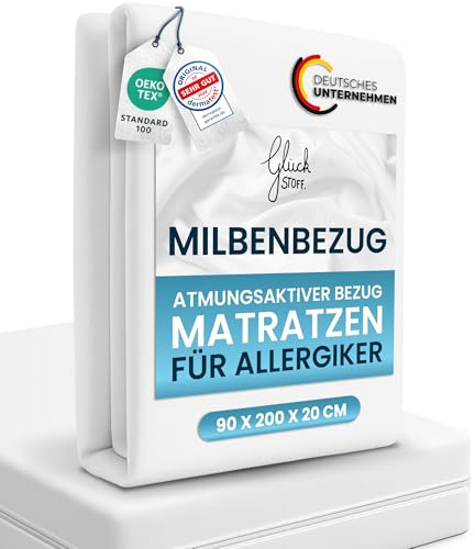 Glückstoff® Premium Milbenbezug Matratze 90x200x20 [Zertifiziert IN Deutschland] Allergiker Bettwäsche Set Anti Milbe - Allergiker Matratzenbezug - Encasing Bettwäsche Anti Milben - Milbenschutzbezug