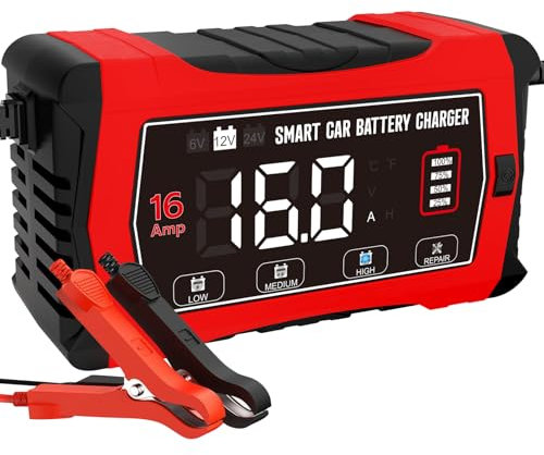 LiFePO4 - Caricabatteria da auto da 16 A, 6 V/12 V/24 V, con display LCD, compensazione della temperatura, modalità di riparazione per batterie auto, auto, barche