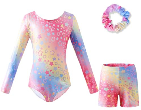 AXINYINGESS Gymnastics Leotards For Girls, Three-Piece Set Leotards For Girl Gymnastics Long Sleeve Gradient Color Sparkle Dancing Leotard Ballet Gymnastics Athletic For 5-12 Y