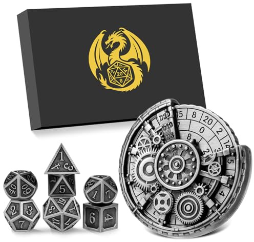 Set di Roulette Dadi in Metallo D&D, 6-in-1 Dado Ingranaggio Spinner + 7 Dadi Poliedrici in Metallo DND, Regalo D&D con Scatola Regalo, Giochi da Tavolo, Accessori per Giochi di Ruolo, Argento Scuro