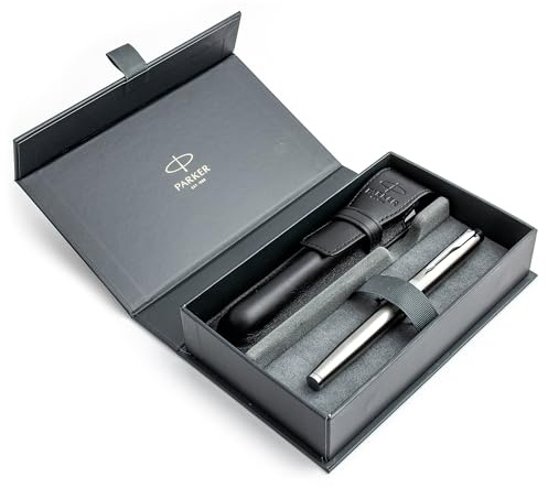 Parker IM Essential Coffret cadeau stylo plume en acier inoxydable avec garniture chromée + étui en polyuréthane – Instrument d'écriture élégant pour les professionnels et les étudiants