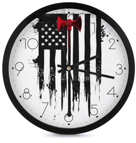 U.S Flag Thins Red Linees Fireman Axe Wall Clock Round Art Clocks for Home Office Decor 10x10in