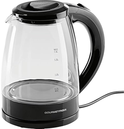GOURMETmaxx Bollitore in vetro 1,8 L con LED Blue Vision, nero, 1800 W, filtro anticalcare, senza fili, spegnimento automatico, indicatore del livello dell'acqua, certificato TÜV & GS, senza BPA