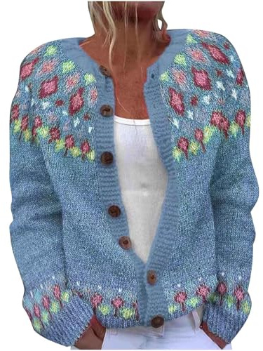 TURWXGSO Cardigans for Women UK Retro Ethnic Print Jumper Warm Casual Ladies Knitted Crew Neck Front Button Up Aran Cardigan Long Sleeve Lightweight Sweater Jackets Knitwear