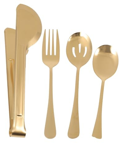 Veemoon Juego de Pinzas y Utensilios de Acero Inoxidable Dorados 4 Piezas para Servir Alimentos Incluye Cuchara Sopera y Tenedor Apto para Cocinar Barbacoas y Eventos