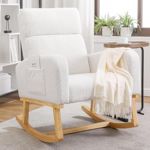 YUUIJOAA Rocking Chair Nursery - Glider Modern Accent Chairs Upholstered Teddy Fabric Nursing Rocker Padded Armchair for Indoor Living Room Bedroom White
