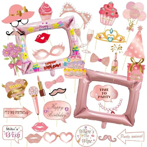 35 PCS Photo Booth Frame, Ladies Men Pink Photo Booth Prop Set | for Birthday Holiday Party Supplies Theme Decorations, Inflatable Photo Booth Frame for Girls Boys Little Cute One