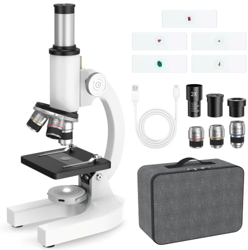 BNISE Microscope Compose 40X-2000X Enfant Adulte Biologique STEM Cadeau | Optique Lentille Double LED, 5 Lames Etui Antichoc, Métal USB-C, Enfant Adulte Débutant, Maison Ecole Biologie STEM Cadeau