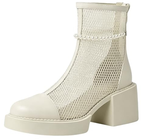 Jamron Donna Estate Sandali Stivali con Tacco a Blocco in Rete con Cerniera Posteriore SN0704263 Beige EU37.5