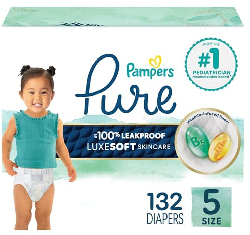 Pampers Pure Baby Diapers, Size 5 (27+ lbs), 132, Up to 100% Leakproof, Premium Hypoallergenic Soft Diapers