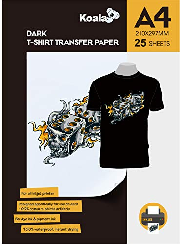 KOALA Inkjet Transferpapier zum aufbügeln auf dunkle T-Shirts, DIN A4, 25 Blatt