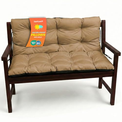 SuperKissen24. Coussin Dossier pour Banc de Jardin Canapé - 120x50 cm et Appui 120x60 - Intérieur/Extérieur - imperméable - Beige