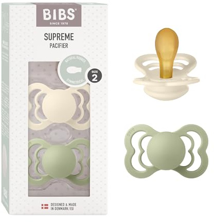 BIBS Supreme Soother 2-Pack, BPA Free Dummy Pacifier, Symmetrical Nipple. Natural Rubber Latex, Size 2 (6-18 Months), Ivory/Sage