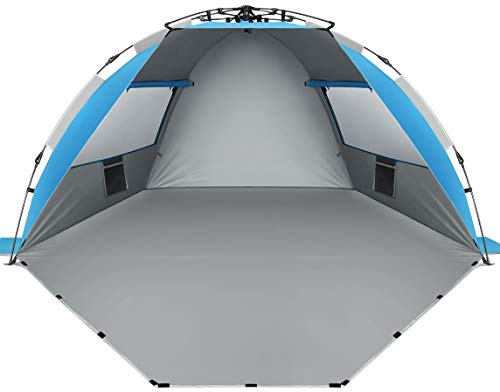 Oileus X-Large 4 Person Beach Tent Sun Shelter - Portable Sun Shade Instant Tent for Beach with Carrying Bag, Stakes, 6 Sand Pockets, Anti UV for Fishing Hiking Camping, Waterproof Windproof, Blue