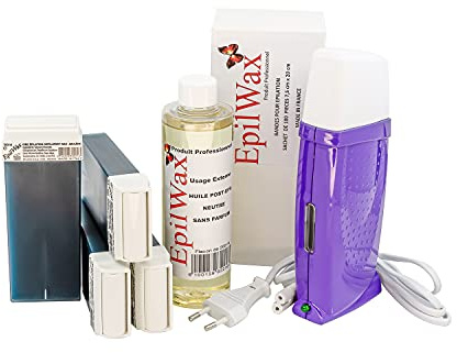 EpilWax - Kit Chauffe Cire Épilation Professionnelle avec 4 x Recharges Roll on Cire à l’Azulène, 100 x Bandes d'Épilation et Huile après Épilation - Gamme Royal