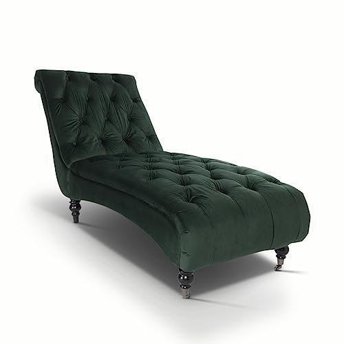 Retro Tufted Chesterfield Bottle Green Velvet Indoor Chaise Lounge with Antique Castor Feet - Curved Padded Accent Lounge Chair for Hallway Living Room Bedroom , Hall - End of Bed & Window Bench Seat
