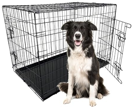 HugglePets Large Foldable Dog Crate - Silver (Large 91 x 61cm) Lockable Stainless Steel Double Door Cage for Dogs with Slide Out Metal Tray & Detachable Carry Handle Ideal for Home & Travel.