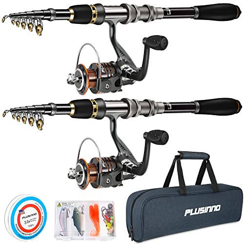 Plusinno Kit completo di canna da pesca telescopica in fibra di carbonio, mulinello BB con 12+1 cuscinetti schermati in acciaio inox, confezione da 2