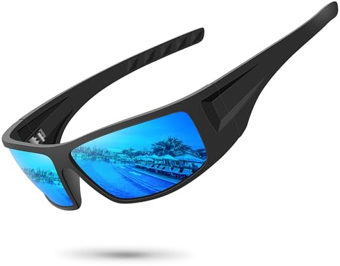 Ofwin Polarized Sports Sunglasses for Men Women Unbreakable Frame Cycling Fishing Wrap Around Sunglasses UV400 Protection Black Frame/Blue Mirror Lens