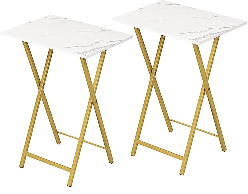 HOOBRO Folding Tables 2 Set, TV Tables for Eating Foldable, TV Tray Table, Small Sofa Laptop Dinner Table for Small Space, Metal Frame, Marble and Gold EDM25BZ01