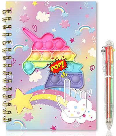 Licorne Journal intime Fille avec Stylo, 80 Feuilles Ligné Pop It Carnet Secret Fille avec 6-en-1 Stylos à Multicolores Rose Cahier Spirale Enfant Cadeau Fille 5-10 Ans Anniversaire- 21x14.5cm