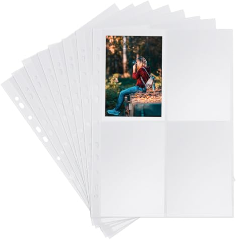 40 Stück Fotohüllen DIN A4, Fotosichthüllen Transparente, A4 Postkartenhüllen 4 Fach Geteilt, Klarsichtfolien mit Metal Ringbuch, von Postkarten Fotos, Nachfüllseiten(155x105mm)