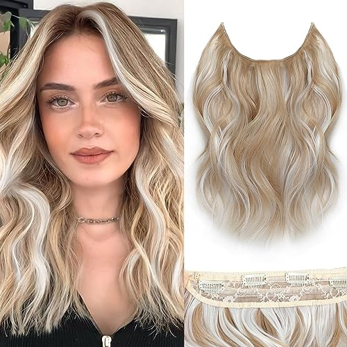 BUPPLER Halo Hair Extensions 12 Inch Invisible Wire Hair Extensions Adjustable Long Wavy Hairpiece Synthetic Upgrade 4 Secure Clips in Hairpieces 12 Inch,Dark Golden Mix Platinum Blonde