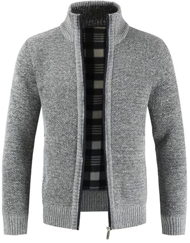 Shuanghao Cárdigan de Punto para Hombre，con Cremallera y Bolsillo,Manga Larga,Cálido Suéter Grueso，Casual,Moda,Suave,con Forro Polar,Hombre Chaqueta Otoño Invierno Gris Claro L