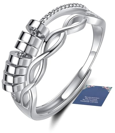Kenivira Fidget Ring for Women Silver Anxiety Ring Adjustable Spinner Rings with Beads Cubic Zircon Anxiety Ring Stress Relief Gift for Women