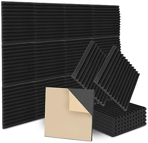 Ollewiellan Lot de 24 panneaux acoustiques en mousse - Autocollants - 2,5 x 30 x 30 cm - Isolation phonique - Absorption des échos - Pour la maison et le studio, décoration de jeu, podcasts - Noir