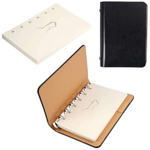 14.7×10.6cm Leder A7 Ring Binder Notizbuch, Mini Notizbuch für Unterwegs Binder, Notizbuch A7 Leder, Mini Notizbuch 6 Ring Ringbuch für Notizen Planung Studium Reisen und Projekte Verwendet(Schwarz)