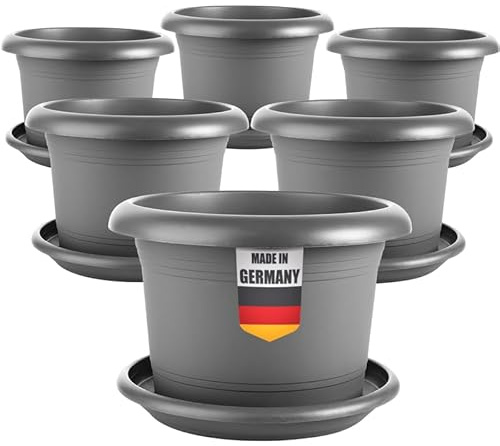 SUSTANIA Lot de 6 grands pots de fleurs d'extérieur - Diamètre : 30 cm - Anthracite - Avec soucoupe - Grand pot de fleurs extérieur - Résistant aux intempéries - Fabriqué en Allemagne