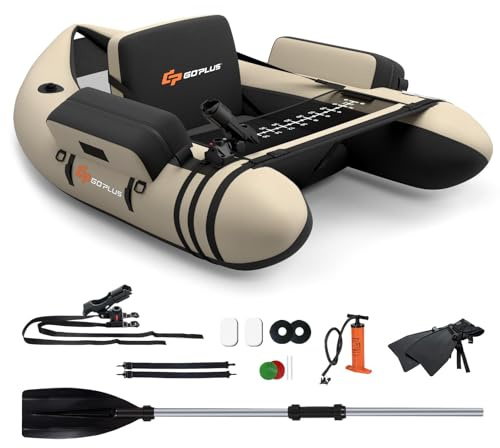 GOPLUS Bateau Pêche Gonflable, Float Tube Tissu Polyester avec Support de Canne Peches, Dossier, Sangles Réglables, Pompe, Règle à Poisson, Poches Rangement, Pagaie, Capacité 150KG