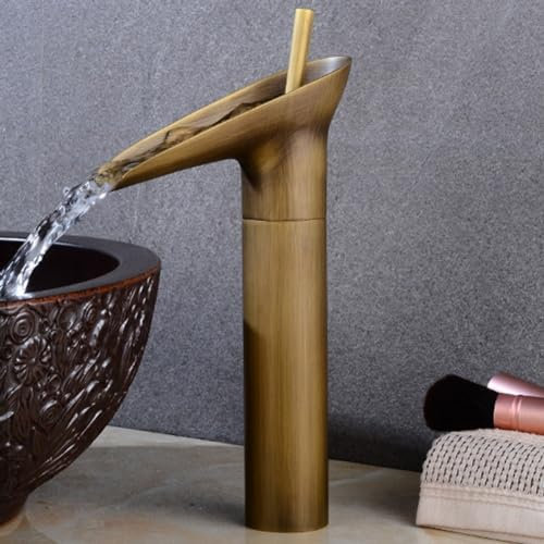 Rubinetto miscelatore alto per lavabo da bagno a cascata, in rame dorato, rubinetto miscelatore a leva singola calda e fredda, elegante finitura in bronzo, per cucine e bagni moderni