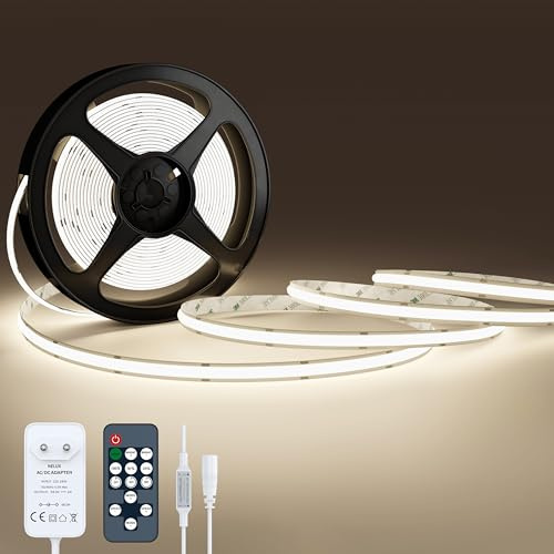 NELUX Striscia LED COB 5 Metri Bianco Naturale, Luci LED Strisce Sottopensile Cucina, Camera e TV Light Strip. Luce Interne Adesive Dimmerabili, 480LED/m, 4000K. Include Telecomando, Trasformatore 24V