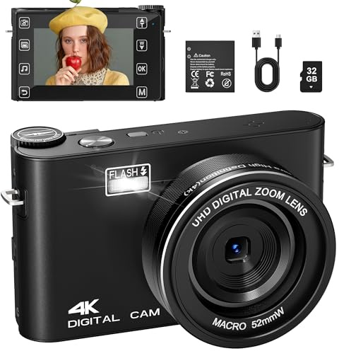 4K 48MP Digital Cameras for Photography Vlogging Cameras with 32GB TF Card, Touch Screen, MP3 Player, 16X Digital Zoom, Compact Portable Photo Camera with Flash for Beginners Kids Student（Black)