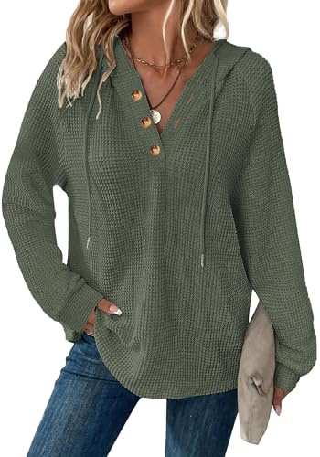 Dimur Waffles Knit Pullover Tops Christmas Drawstring Hoodie Business Casual Outfits for Women V Neck Green Dressy Crochet Tops for Women Early Fall Fashion