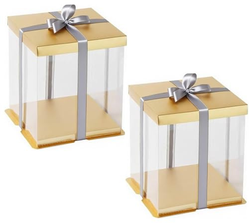 Yikryy 2 Pcs Clear PET Cake Boxes (30x30x35cm) with Lid & Ribbon, Cake Carrier Box for 10 Tall Cakes, Cake Gift Packaging for Display, Birthday, Wedding, Christmas-Golden